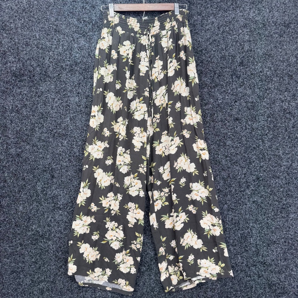 American Eagle Floral Wide Leg Pants Black Smocked Waist Viscose Size M